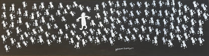 Acrylic painting on primed linen by Naomi Kantjuriny, featuring a dark background with numerous white figures that represent good and bad spirits.