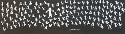 Acrylic painting on primed linen by Naomi Kantjuriny, featuring a dark background with numerous white figures that represent good and bad spirits.