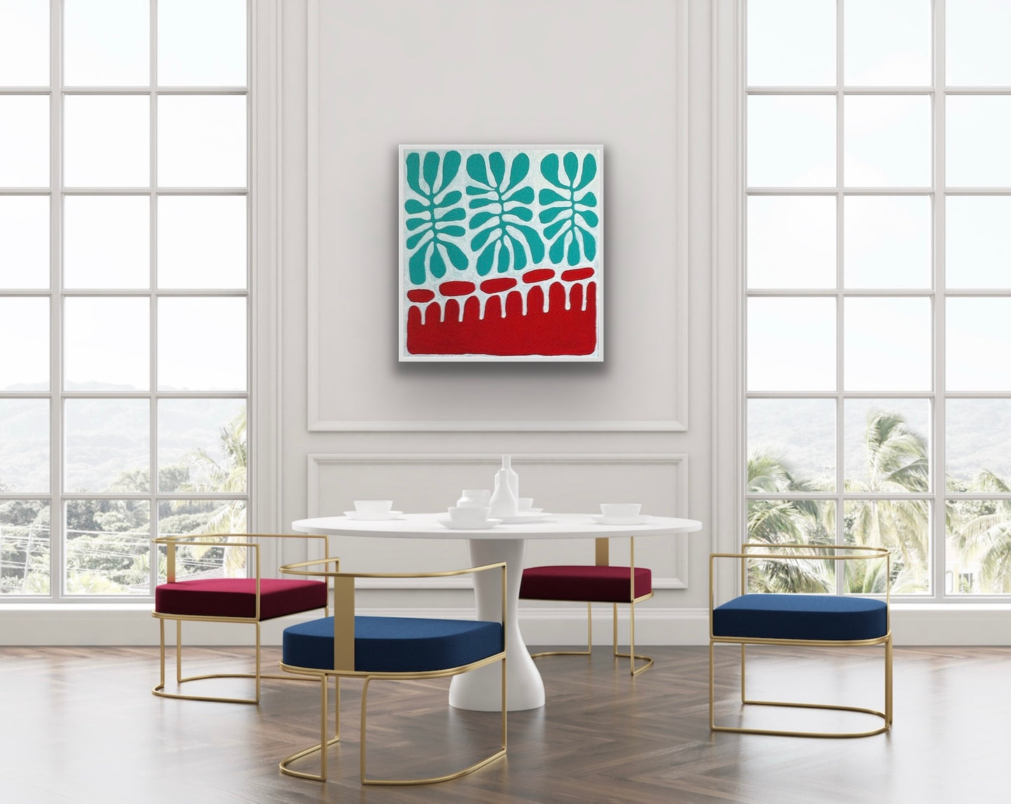 Modern dining room with a white table and colorful chairs, featuring a painting by Aboriginal artist Mitjili Naparrula hanging on the wall.