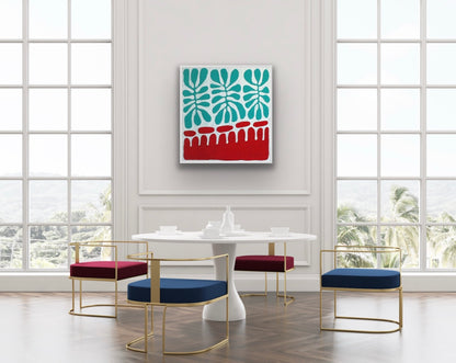 Modern dining room with a white table and colorful chairs, featuring a painting by Aboriginal artist Mitjili Naparrula hanging on the wall.