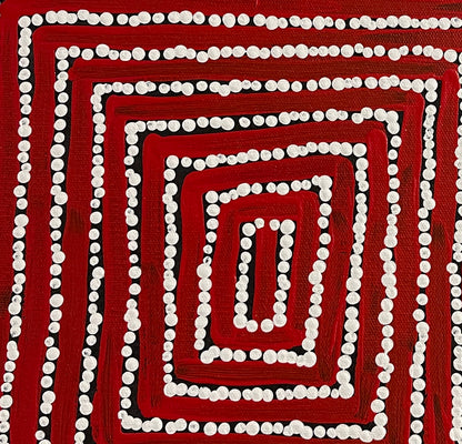 Close-up of a painting by Thomas Tjapaltjarri showing concentric lines with white dots on a red and black background