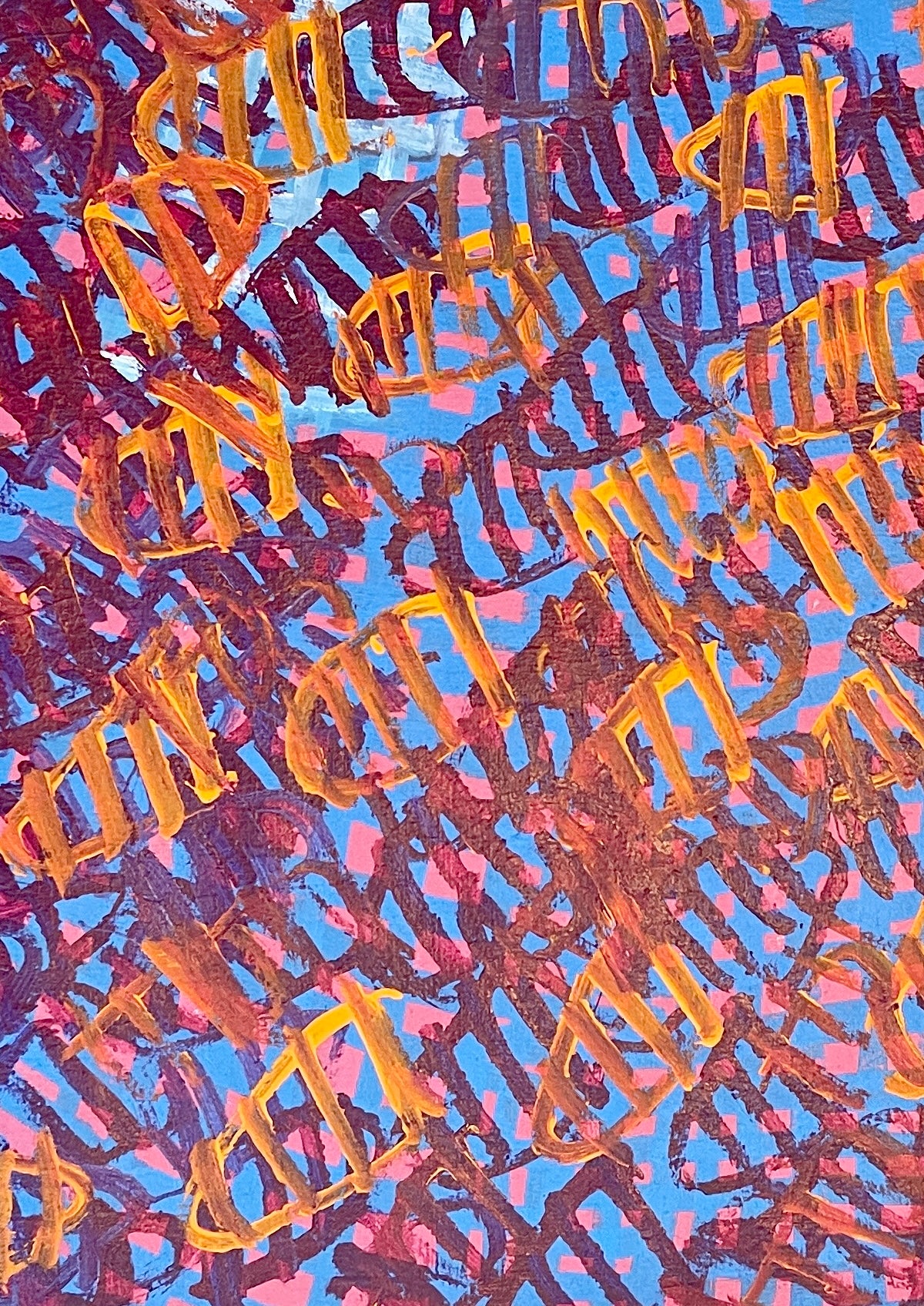 Close-up of a 90x60cm painting by Emily Pwerle featuring abstract geometric patterns in orange and yellow on a blue background, executed in acrylic on linen.
