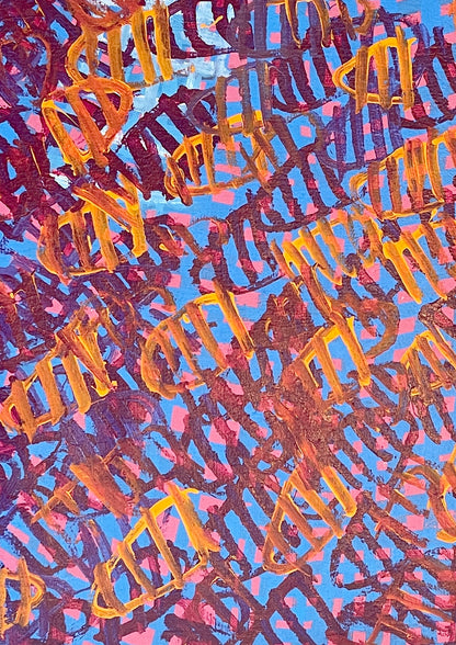 Close-up of a 90x60cm painting by Emily Pwerle featuring abstract geometric patterns in orange and yellow on a blue background, executed in acrylic on linen.