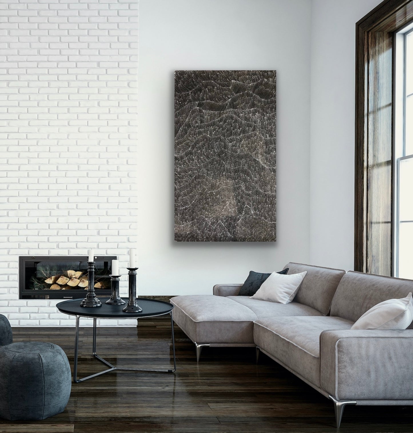 A painting by Lily Kelly Napangardi, featuring intricate white dots on a black canvas, representing the desert sandhills or tali.