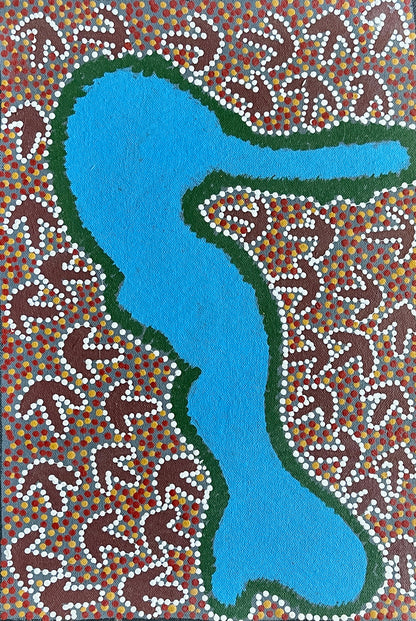 A painting by Lindsay Bird Mpetyane depicting a water hole, a blue shape surrounded by intricate patterned background