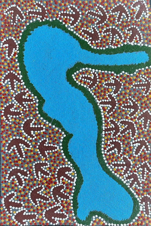 A painting by Lindsay Bird Mpetyane depicting a water hole, a blue shape surrounded by intricate patterned background