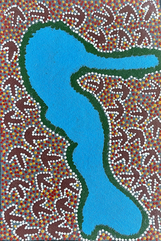 A painting by Lindsay Bird Mpetyane depicting a water hole, a blue shape surrounded by intricate patterned background