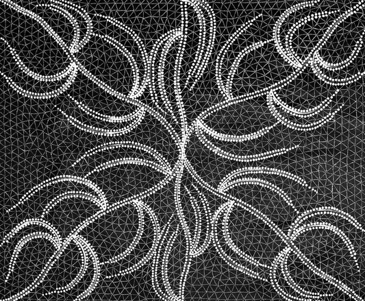 A black and white acrylic painting on canvas by Doreen Dickson Nakamarra depicting her damper seed dreaming.