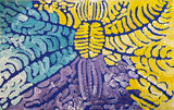 A colourful painting by Lorna Fencer Napurrula with blue, aqua, yellow, and purple colours.