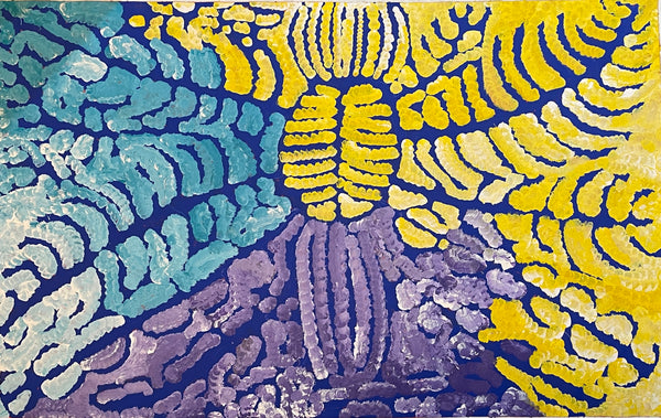 A colourful painting by Lorna Fencer Napurrula with blue, aqua, yellow, and purple colours.