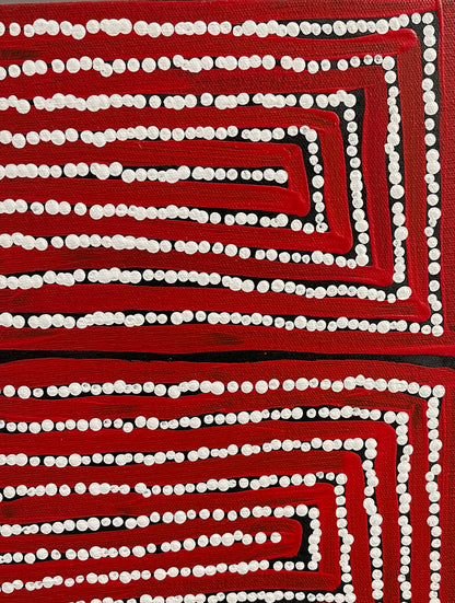 Close-up of a painting by Thomas Tjapaltjarri.