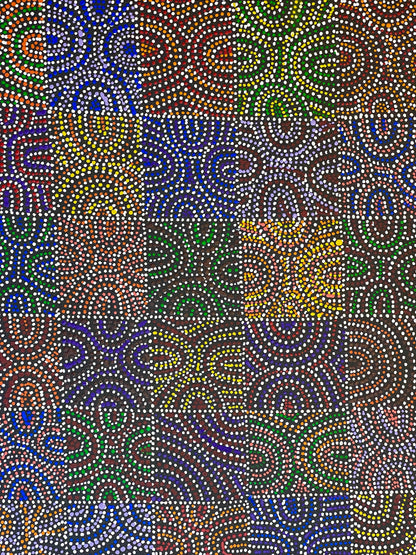 Close-up of a painting by Lizzie Moss Pwerle. A colourful abstract pattern with circular dotted wave-like designs.