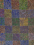 Close-up of a painting by Lizzie Moss Pwerle. A colourful abstract pattern with circular dotted wave-like designs.