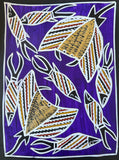 Artwork by Christine Burarrwanga depicting a stingray and fish with traditional rarrk patterns on a purple background.