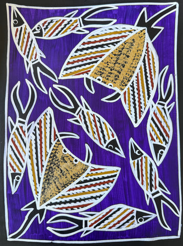 Artwork by Christine Burarrwanga depicting a stingray and fish with traditional rarrk patterns on a purple background.