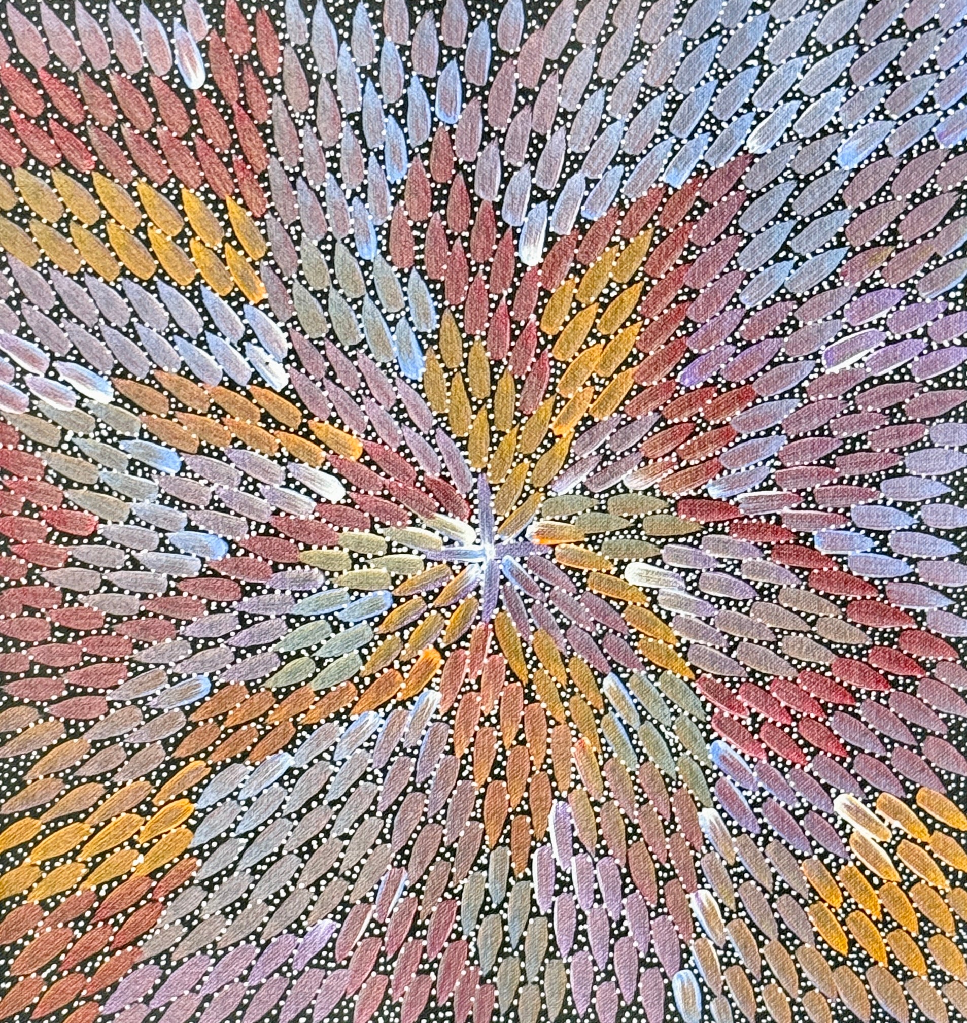 A colorful painting by Bernadine Johnson Kemarre, representing traditional bush medicine plants in light blue, purple, orange and red colours