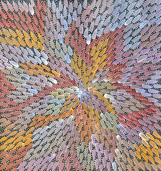 A colorful painting by Bernadine Johnson Kemarre, representing traditional bush medicine plants in light blue, purple, orange and red colours
