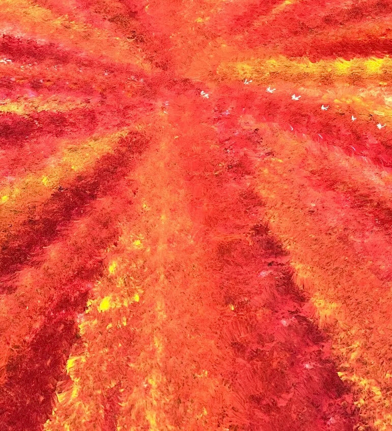 Close-up of a painting by Rachel Nambula depicting her yam dreaming 93x71cm