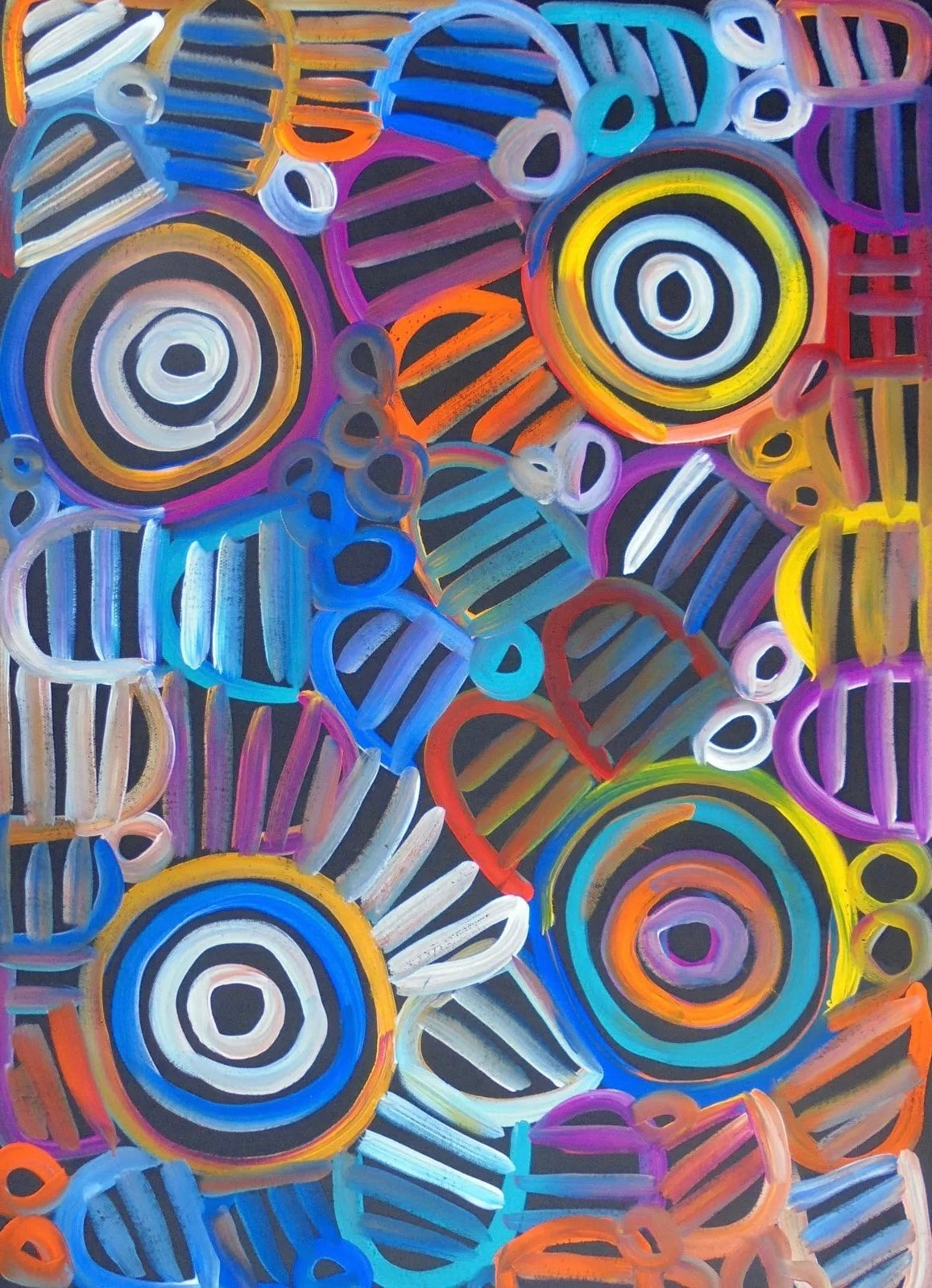 A painting Louise Numina Napananka depicting multicoloured women's body design. 