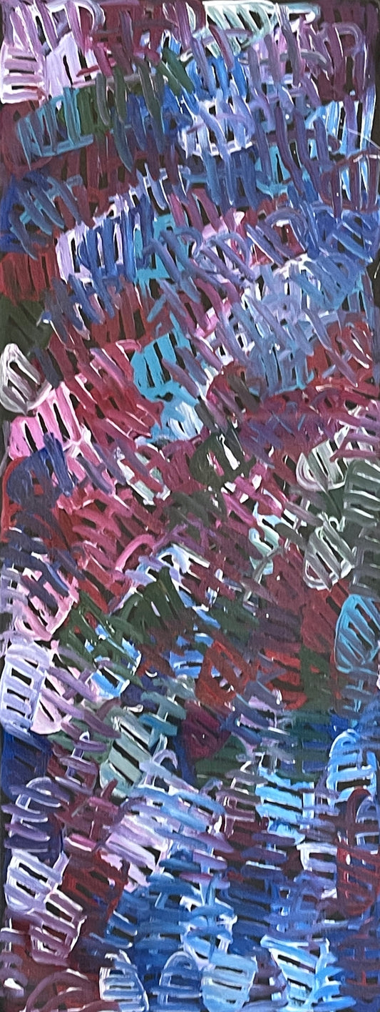 A painting by Emily Pwerle representing awelye or women's ceremonies.