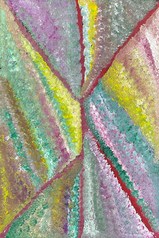 A colourful painting by Mary Morton Kemarre with geometric patterns in green, purple, red and yellow.
