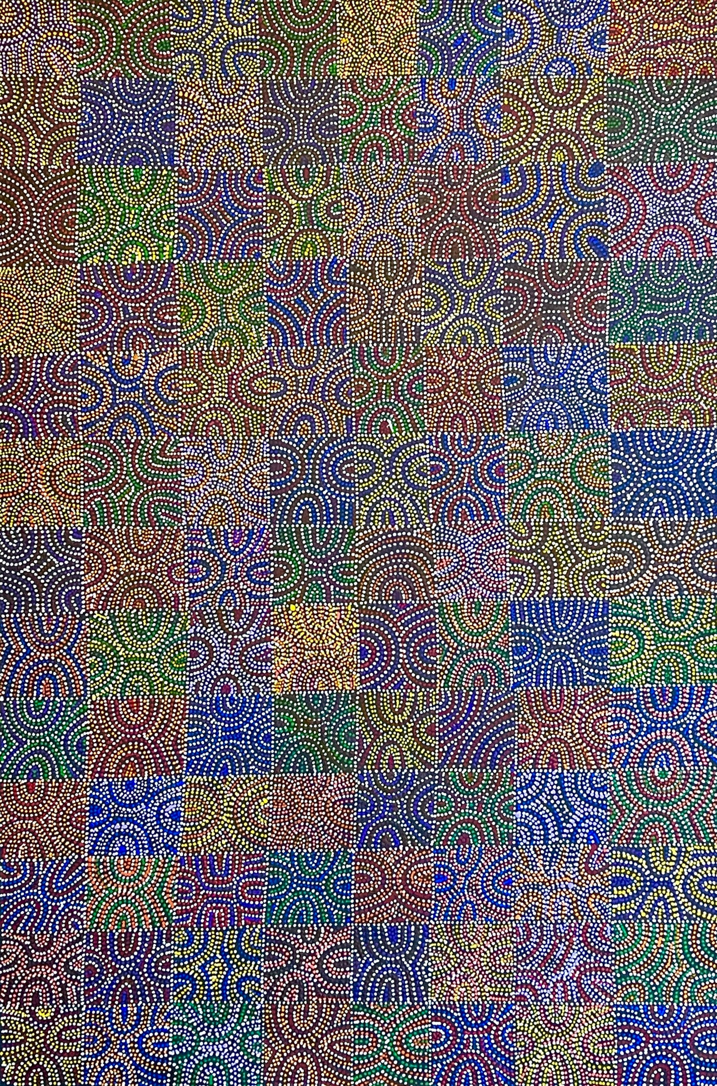 A painting by Lizzie Moss Pwerle with colourful circular dotted, wave-like designs. 90x60cm