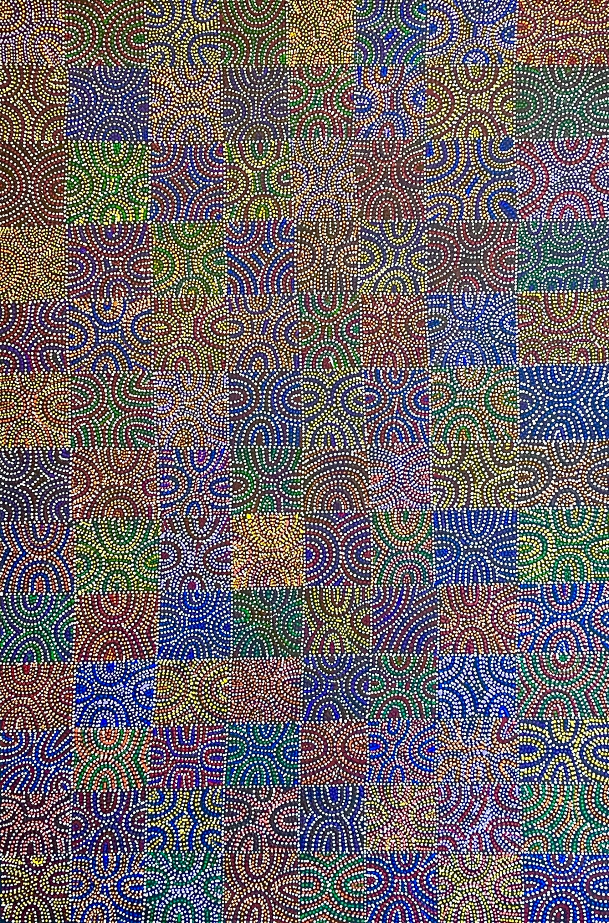 A painting by Lizzie Moss Pwerle with colourful circular dotted, wave-like designs. 90x60cm