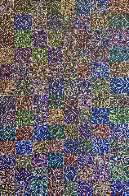 A painting by Lizzie Moss Pwerle with colourful circular dotted, wave-like designs. 90x60cm