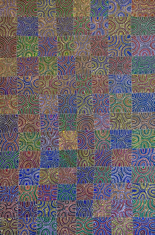 A painting by Lizzie Moss Pwerle with colourful circular dotted, wave-like designs. 90x60cm