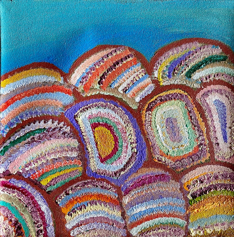 A colourful 30x30cm painting by Debbie Beasley, depicting bush medicine flowers.