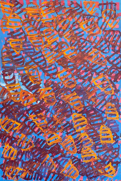 A vibrant 90x60cm painting by Emily Pwerle featuring abstract geometric patterns in orange and yellow on a blue background, executed in acrylic on linen.