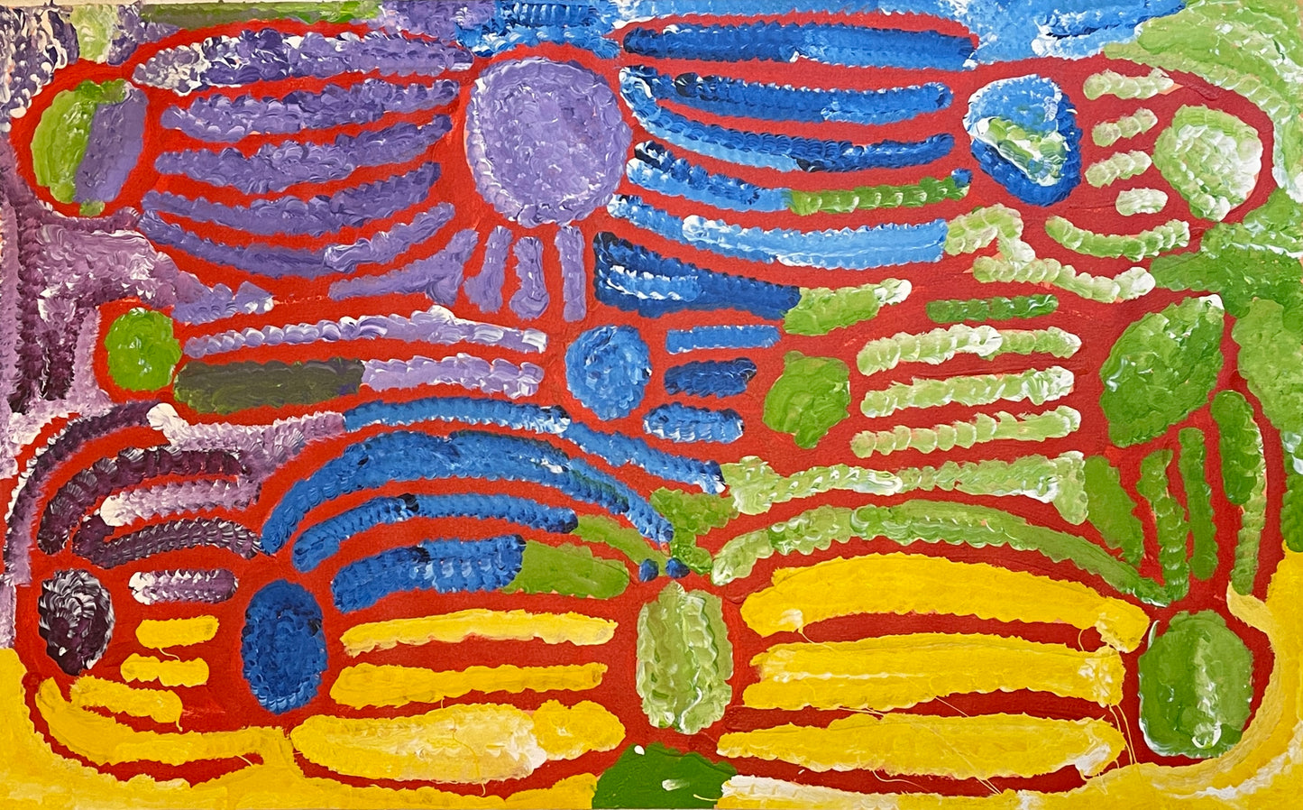 A vibrant yarla painting by Lorna Fencer Napurrula.