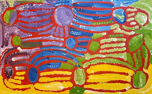 A vibrant yarla painting by Lorna Fencer Napurrula.