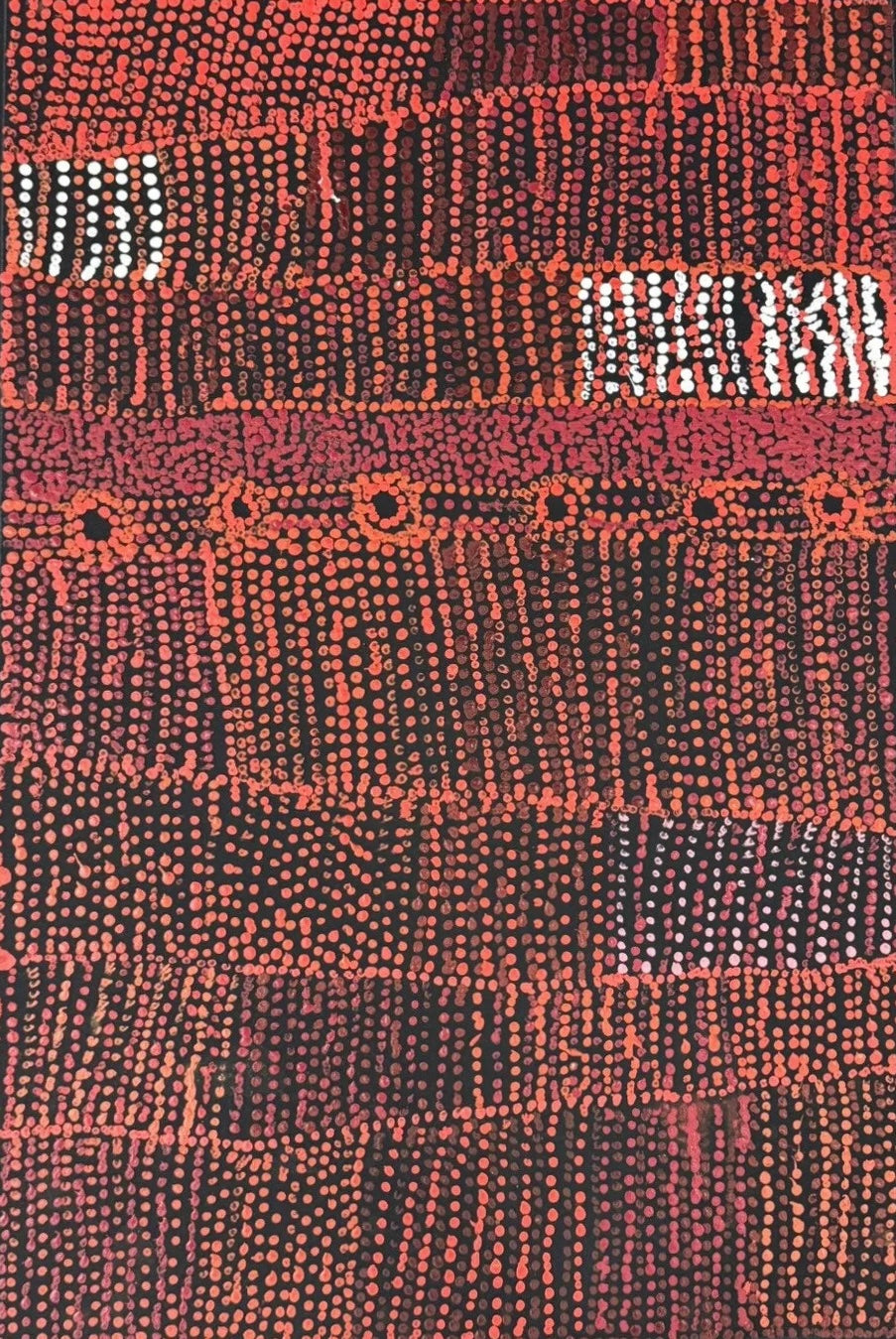 A painting by Maringka Baker with intricate patterns in red, orange and white dots on black canvas.