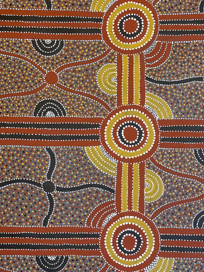 Close-up of a painting by Kevin Bird Mpetyane depicting mulga seed dreaming.