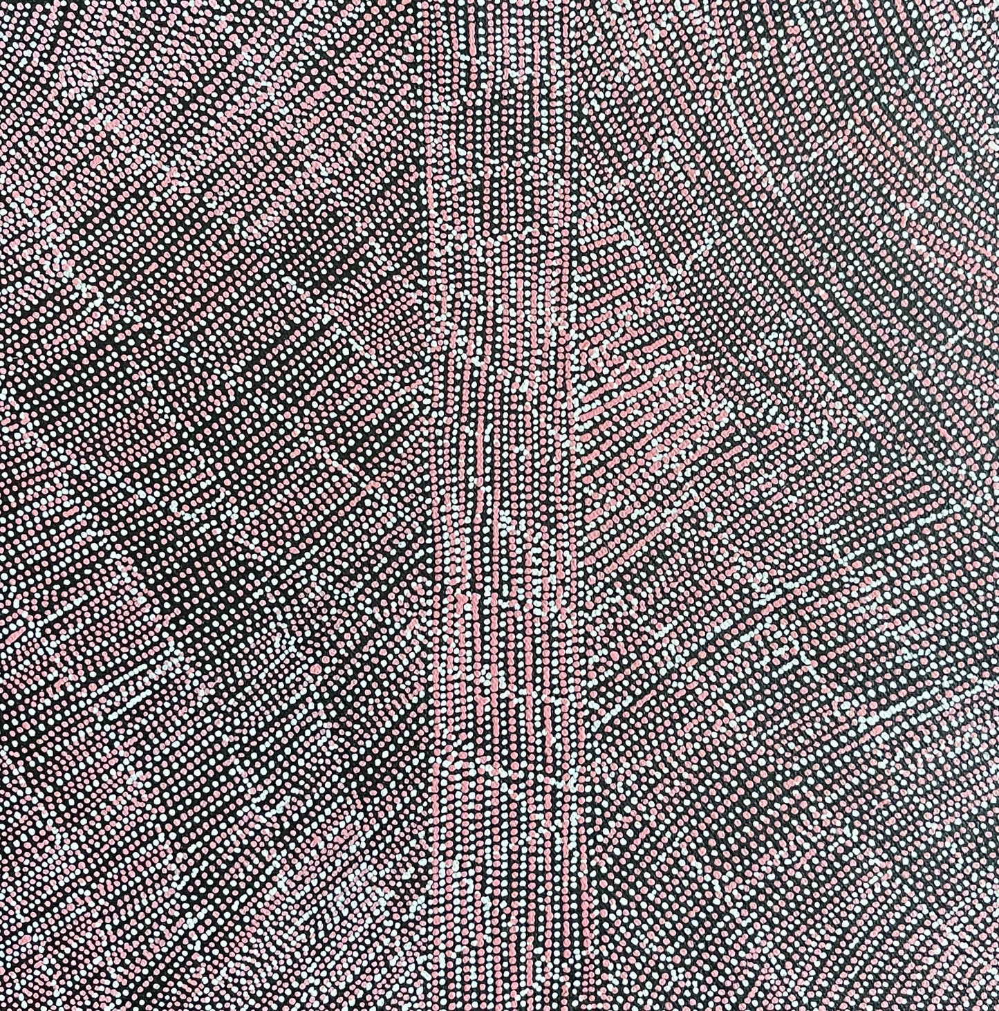 A 30x30cm painting by Lizzie Moss Pwerle with a geometric pattern featuring pink and white dots on a black background. 