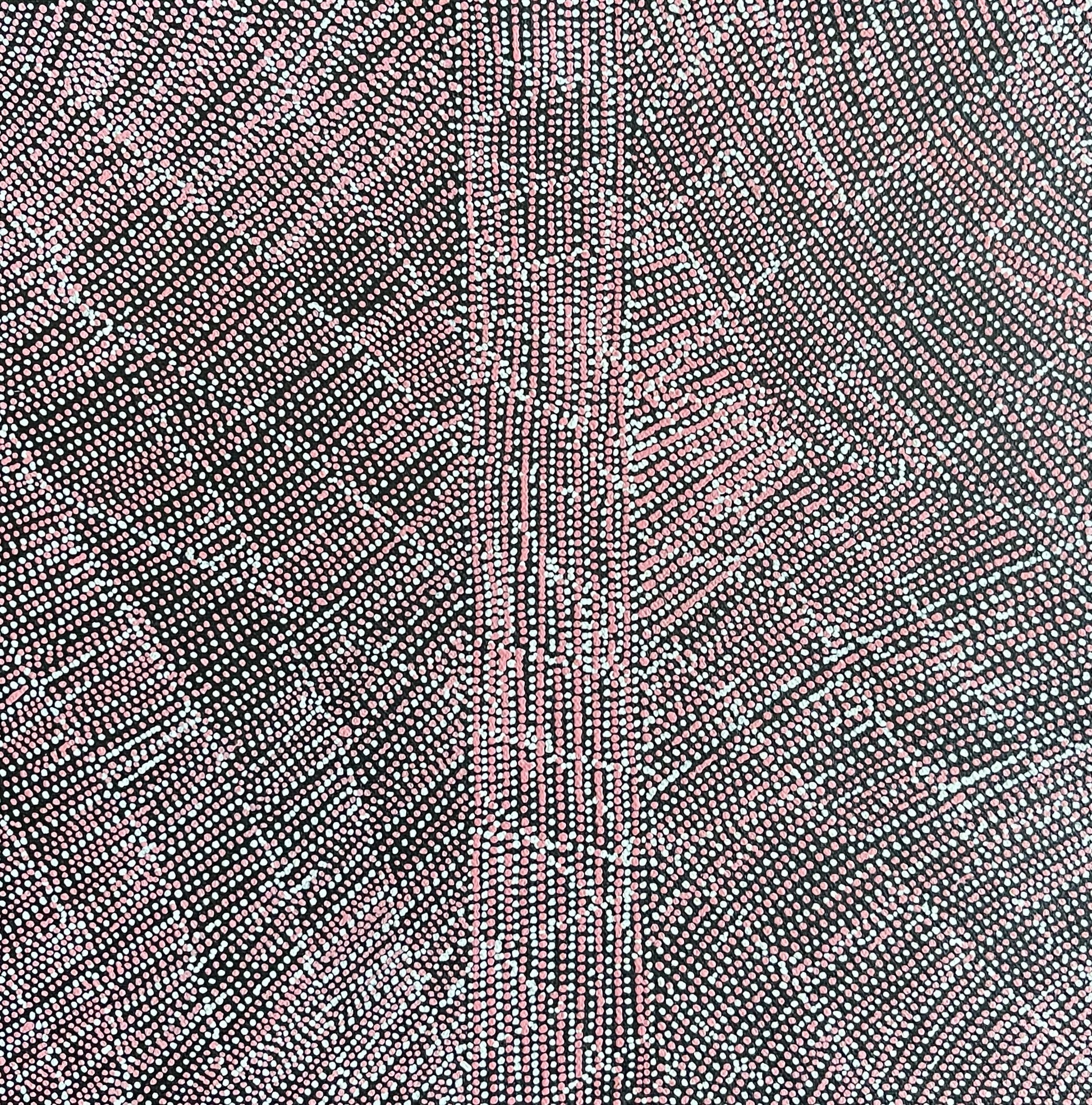A 30x30cm painting by Lizzie Moss Pwerle with a geometric pattern featuring pink and white dots on a black background. 