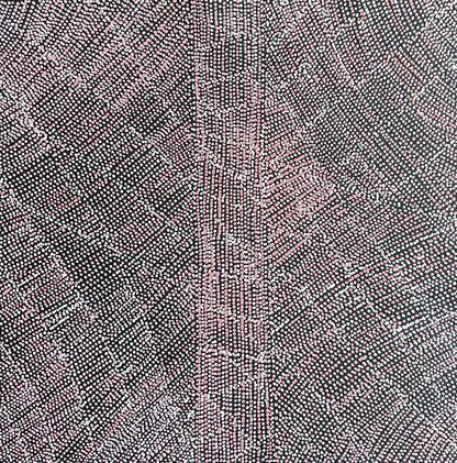 A 30x30cm painting by Lizzie Moss Pwerle with a geometric pattern featuring pink and white dots on a black background. 