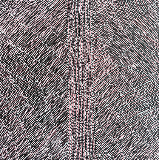 A 30x30cm painting by Lizzie Moss Pwerle with a geometric pattern featuring pink and white dots on a black background. 