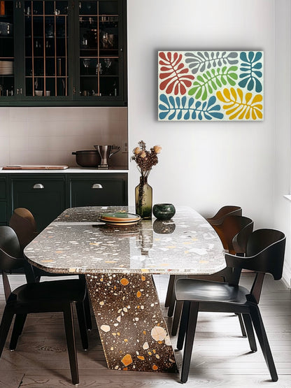 A painting by Mitjili Naparrula on the wall of a modern dining area.