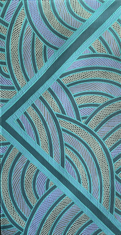 A painting by Ruby Djikarra Alderton with wavy rarrk lines in teal, green, purple, and gold.