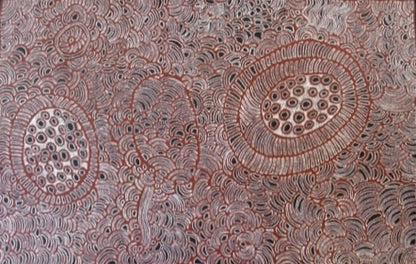 A painting by Tjawina Porter Nampitjinpa representing her Country in maroon, white and black colours.