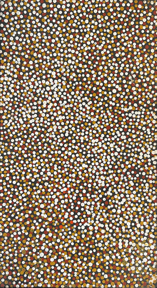 A painting by Polly Ngale with small, round, multicolored dots representing the Bush Plum.