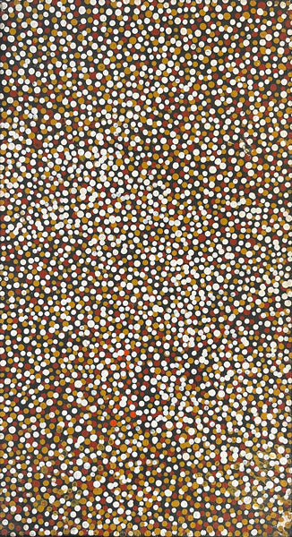 A painting by Polly Ngale with small, round, multicolored dots representing the Bush Plum.