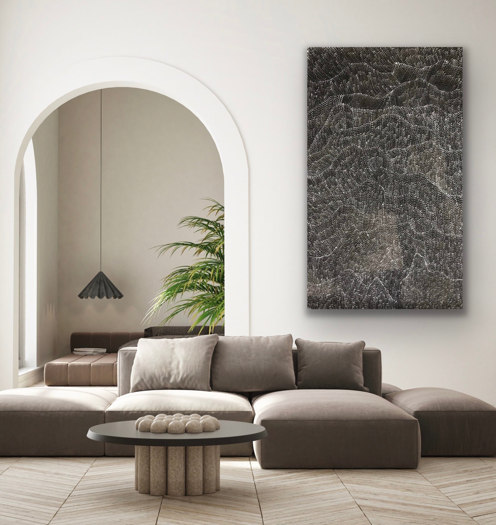 A painting by Lily Kelly Napangardi, featuring intricate white dots on a black canvas, representing the desert sandhills or tali.