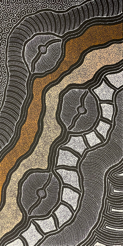A painting by Delvine Pitjara with intricate patterns in browns and white dots on black.