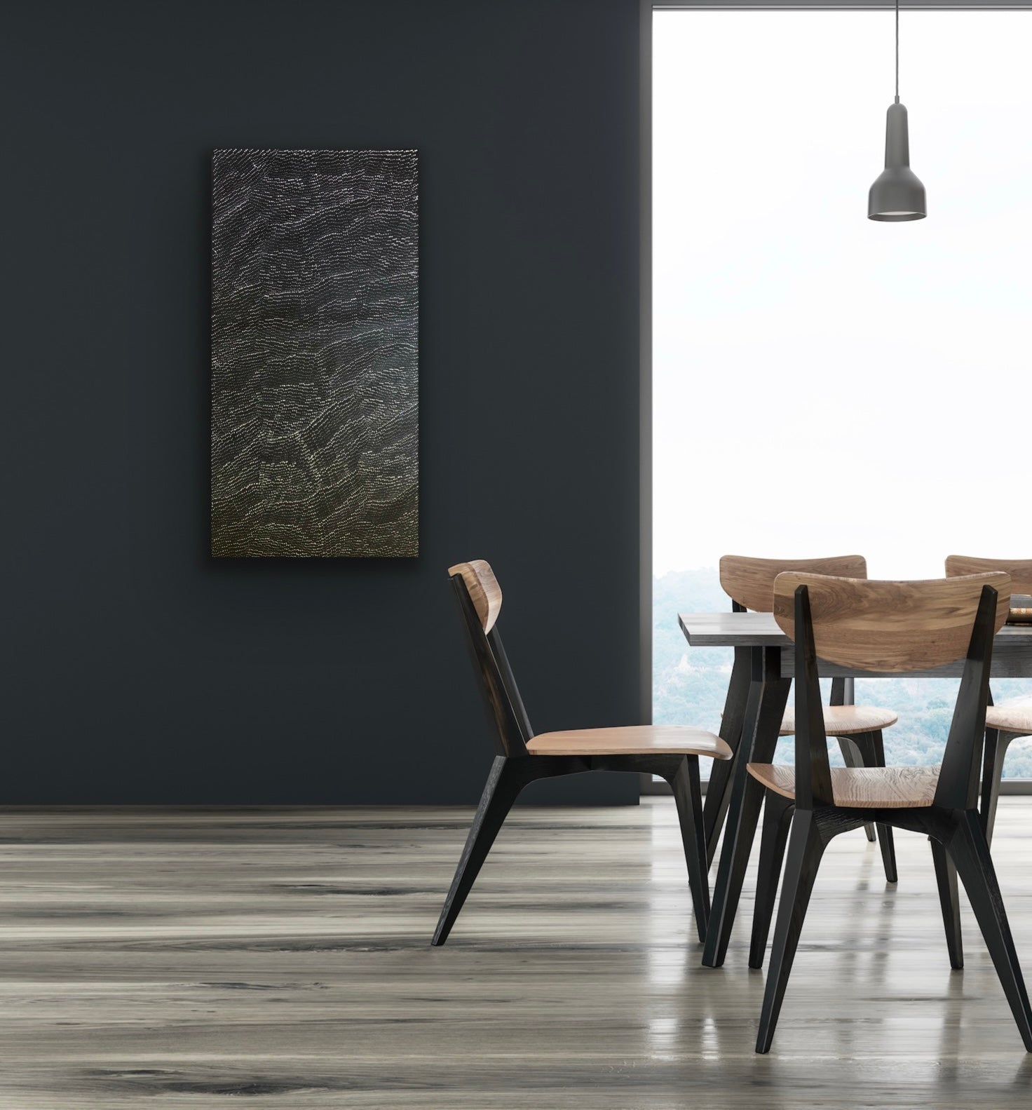 A 120x60cm painting by Lily Kelly Napangardi, featuring intricate white dots on a black canvas, representing the desert sandhills or tali.