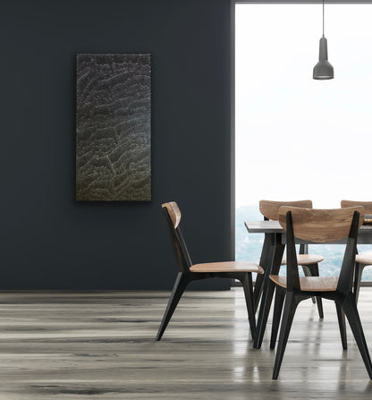 A 120x60cm painting by Lily Kelly Napangardi, featuring intricate white dots on a black canvas, representing the desert sandhills or tali.