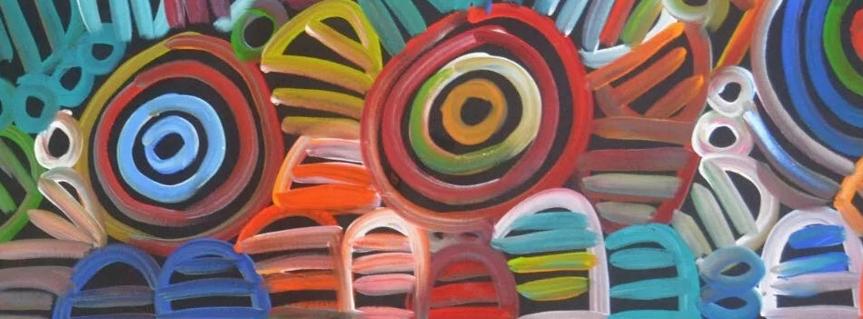 Close-up of a painting Louise Numina Napananka depicting multicoloured women's body design. 