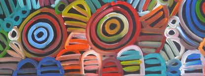 Close-up of a painting Louise Numina Napananka depicting multicoloured women's body design. 